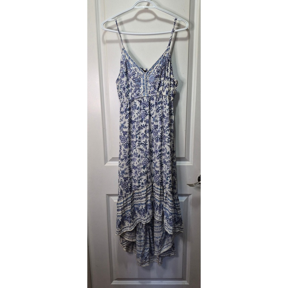 Angie Blue White Floral High Low Maxi Dress Womens Large Boho Rayon Sleeveless